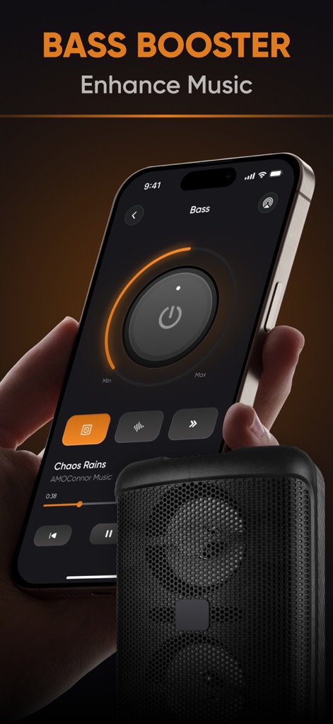 Bass Booster, Volume Amplifier - Discover how the app features an intuitive circular boost control for instant enhancement and a clear music playback interface for effortless navigation.