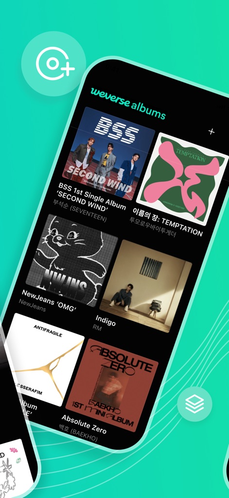 Weverse Albums - Os usuários encontram uma vasta seleção de álbuns de K-Pop organizados em um formato de grade visual, destacando as diversas 'capas de álbum' e os 'nomes dos artistas'.