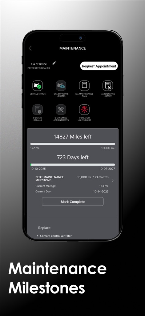 Kia Access - Users can monitor vehicle upkeep effortlessly, with a clear '14827 Miles left' indicator and detailed information on the 'NEXT MAINTENANCE MILESTONE'.