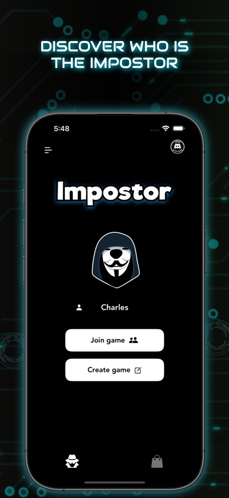 Imposter Party™ Word Game - Users can easily join or create a game, indicated by the prominent 'Join game' and 'Create game' buttons on the initial screen.