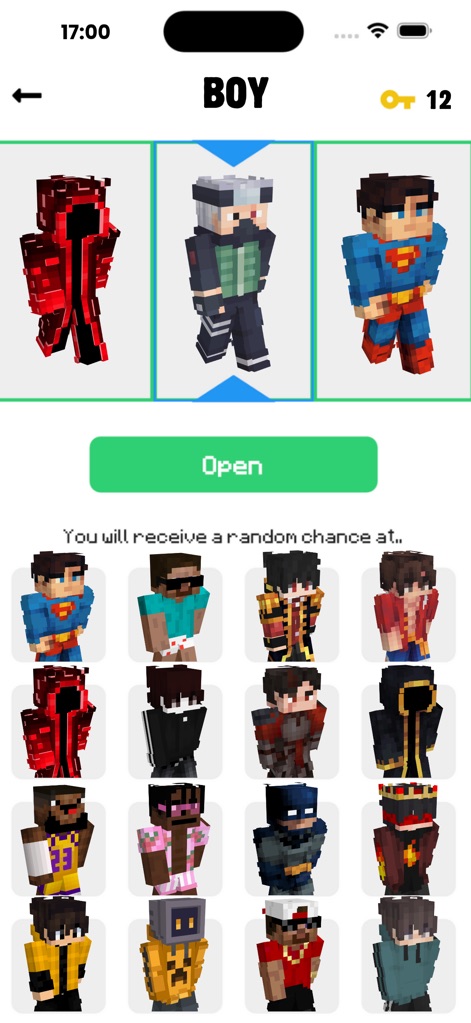 SkinCraft- Skins for Minecraft - Découvrez des centaines de skins masculins variés, où cet outil permet aux utilisateurs de prévisualiser les options et d'accéder à de nouveaux styles via un mécanisme de déverrouillage clair.