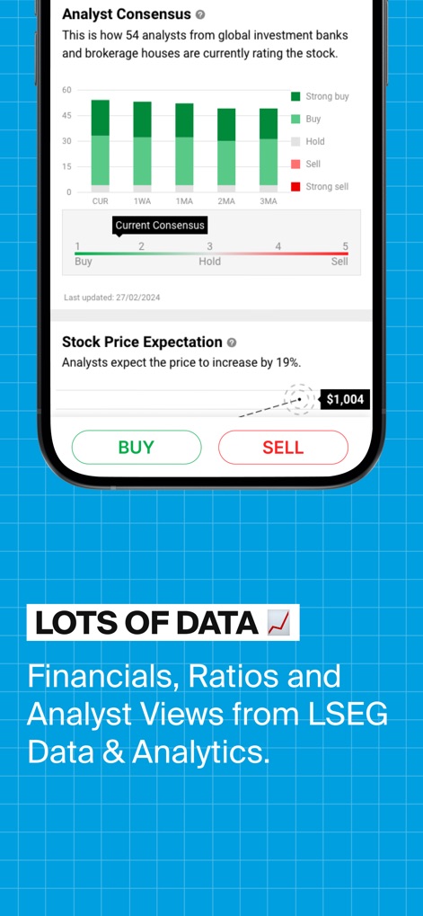 DEGIRO - Online Trading App - Examine the app's integrated Analyst Consensus chart and Stock Price Expectation, empowering users with expert insights from LSEG Data & Analytics.
