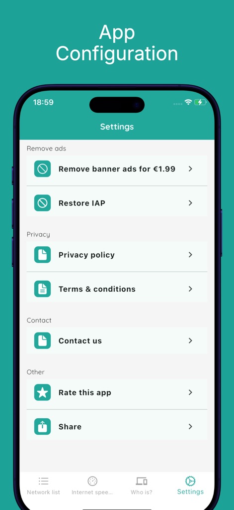Wifi password connect - Esta sección ofrece un control completo sobre la aplicación, presentando opciones para gestionar la eliminación de anuncios por un coste específico y acceder a la política de privacidad de la herramienta.