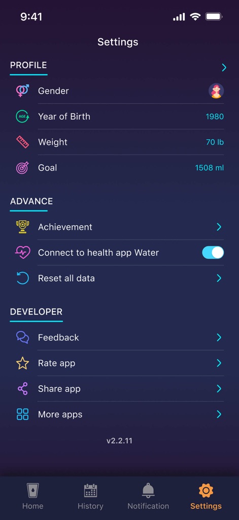 Drink water: Drinking reminder - Configure personal hydration settings, including gender and weight for accurate goal calculation, and manage advanced options like Apple Health integration.