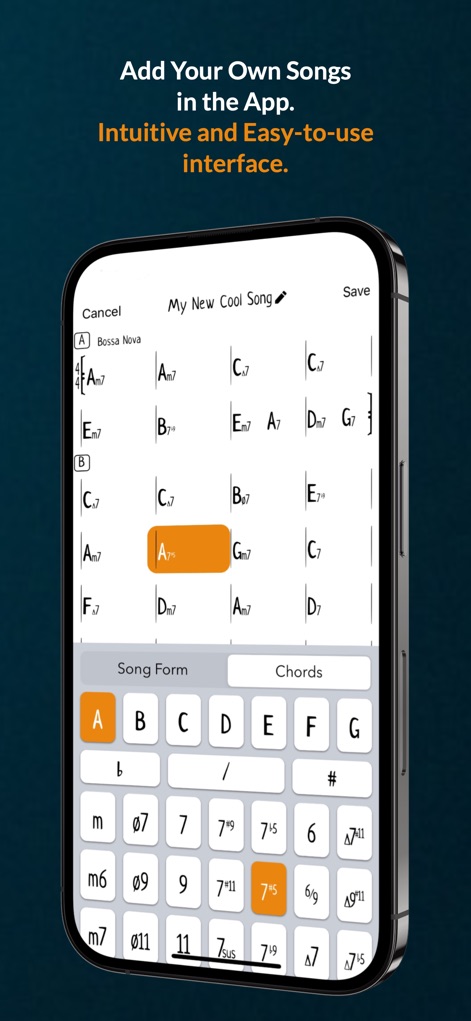 Genius Jamtracks - Créez et personnalisez vos propres chansons grâce à l'éditeur de partitions intuitif et à une vaste palette de symboles d'accords disponibles.