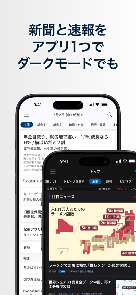 日本経済新聞 電子版 - ビジネス・政治・金融・経済ニュース - The app supports flexible reading with both light and dark modes, allowing users to consume essential news and real-time alerts comfortably.
