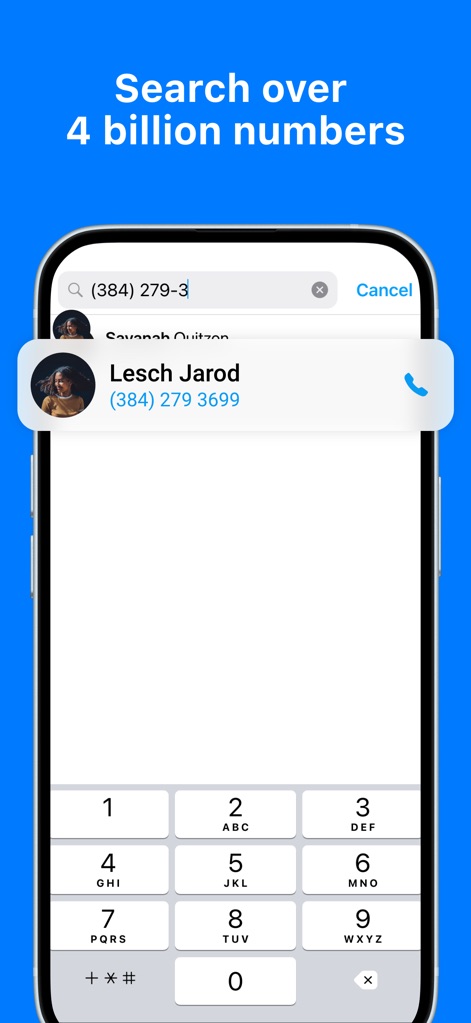 Sync.me - Caller ID & Contacts - Usuários podem realizar a busca reversa de números, como demonstrado pela digitação de "(384) 279-3", e rapidamente encontrar informações de contato como "Lesch Jarod" associadas ao número.