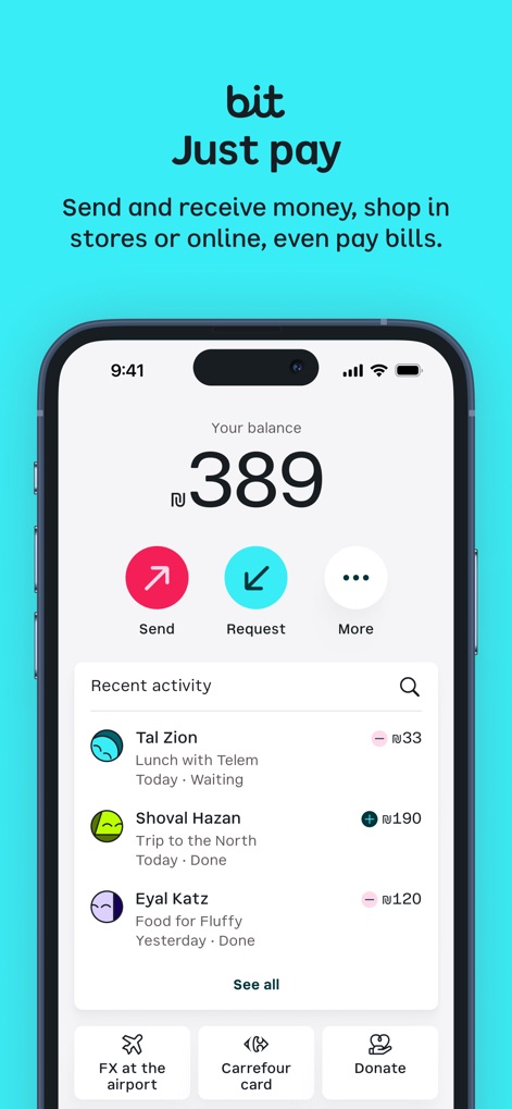 bit ביט - 이 앱은 사용자의 현재 잔액(389 ₪)과 최근 활동 목록(탈 시온, 쇼발 하잔)을 명확하게 보여줍니다.