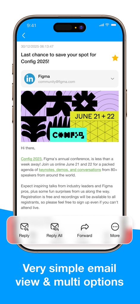 Email for Hotmail, Outlook - É possível visualizar um e-mail detalhado, com um banner chamativo na metade superior e opções de ação rápida como "Responder" e "Encaminhar" na parte inferior da tela.