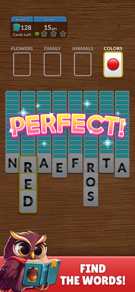 Wordscapes Solitaire Word Game - Experience the satisfying 'PERFECT!' achievement feedback and the visual confirmation when a word successfully fills a category slot.