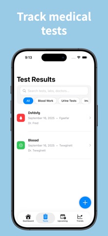 Track medical tests: health screenshot