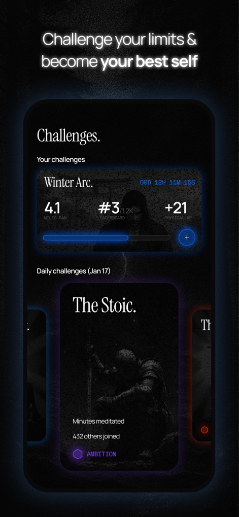 DAWG - Discipline & Motivation - Users can dive into dynamic 'Challenges' like 'Winter Arc' and 'The Stoic', tracking progress with metrics like 'miles ran' and 'minutes meditated'.