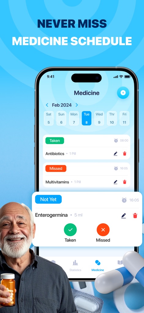 BP Tracker: Pressure Log - The app assists users in managing medication schedules through a clear calendar view, allowing them to easily mark doses as 'Taken' or 'Missed' for accurate tracking.