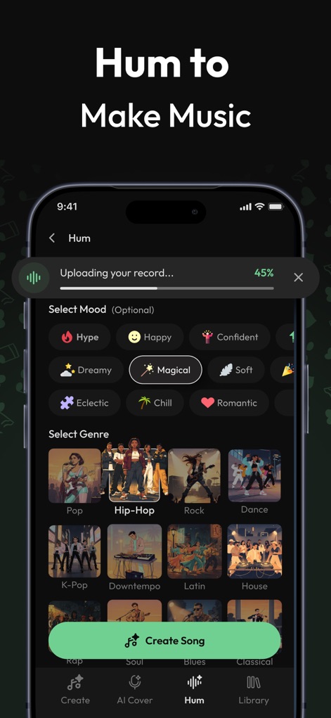 Beatron : AI Song, Music Maker - Der Bereich "Hum to Make Music" veranschaulicht, wie Nutzer ihre gesummten Melodien hochladen und dann über Stimmungsauswahlen wie 'Magical' und Genre-Optionen wie 'Hip-Hop' verfeinern können.