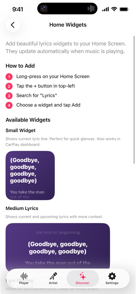 Lyrix: Dynamic Lyricsㅤ - This screen guides users through adding dynamic lyric widgets, illustrating both the compact small widget and the more descriptive medium lyrics widget options.