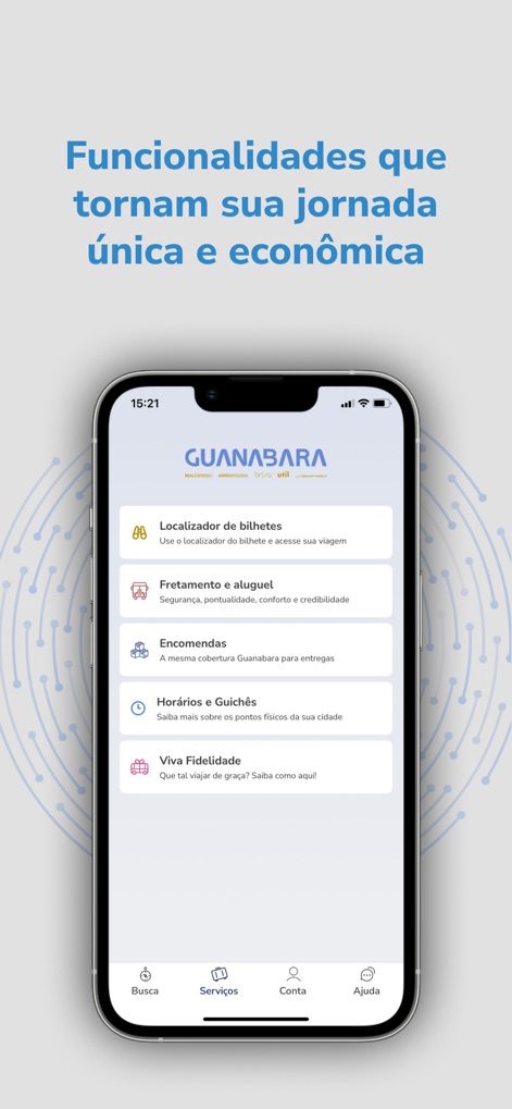 Guanabara: passagens de ônibus - Users can explore a dedicated Services section featuring practical tools like the 'Localizador de bilhetes' for managing bookings and 'Viva Fidelidade' for loyalty program benefits.