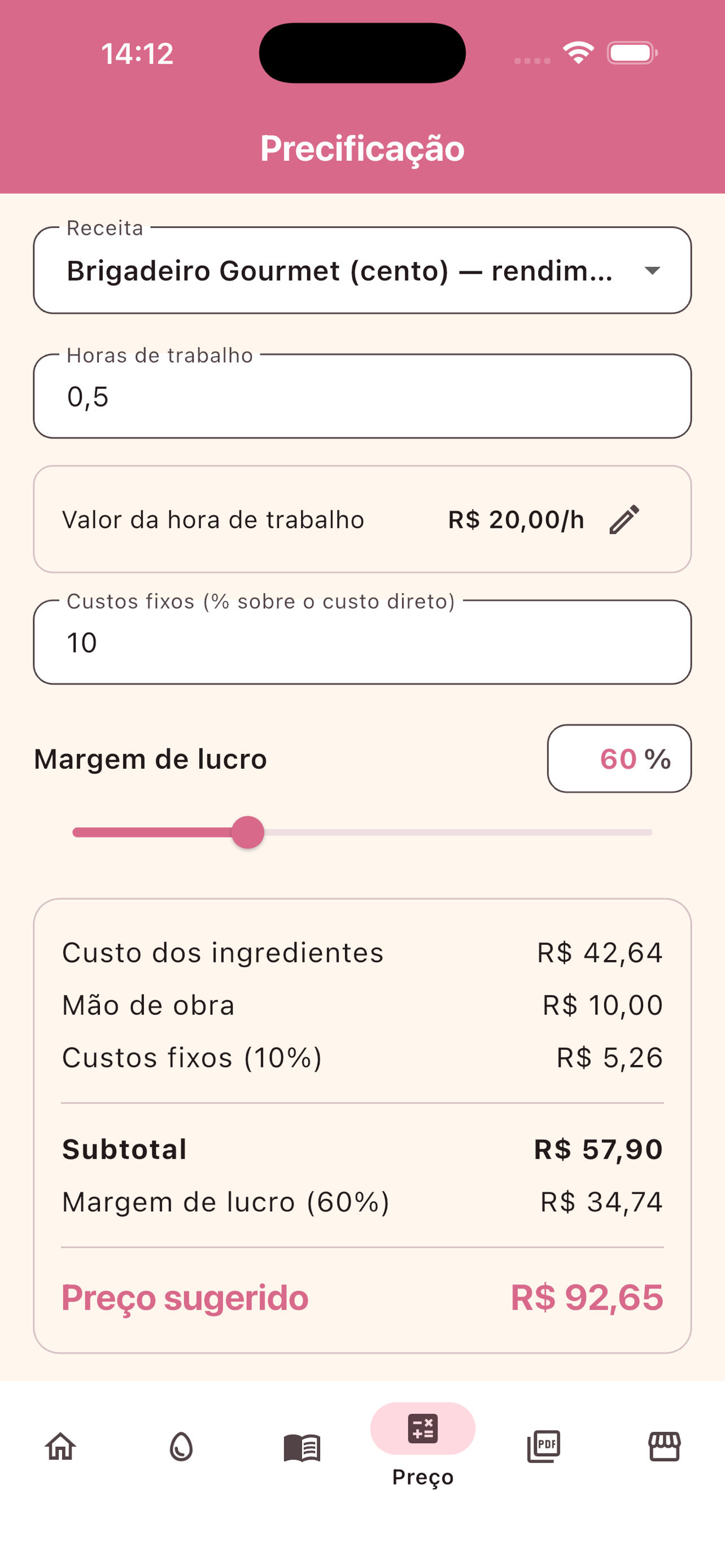 DoceCusto: Calcular Preço Bolo