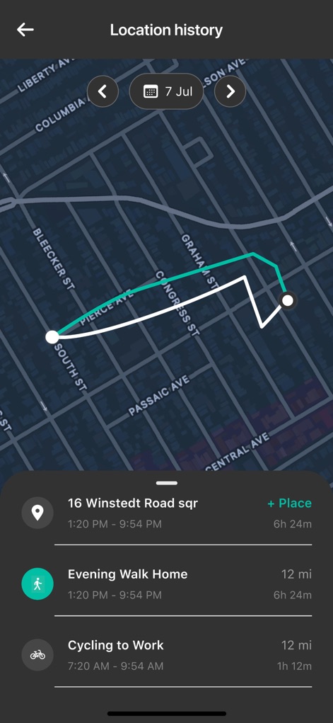 GeoZilla Phone Location Finder - Examine the app's detailed location history, illustrating past routes with color-coded paths and a chronological list of activities.