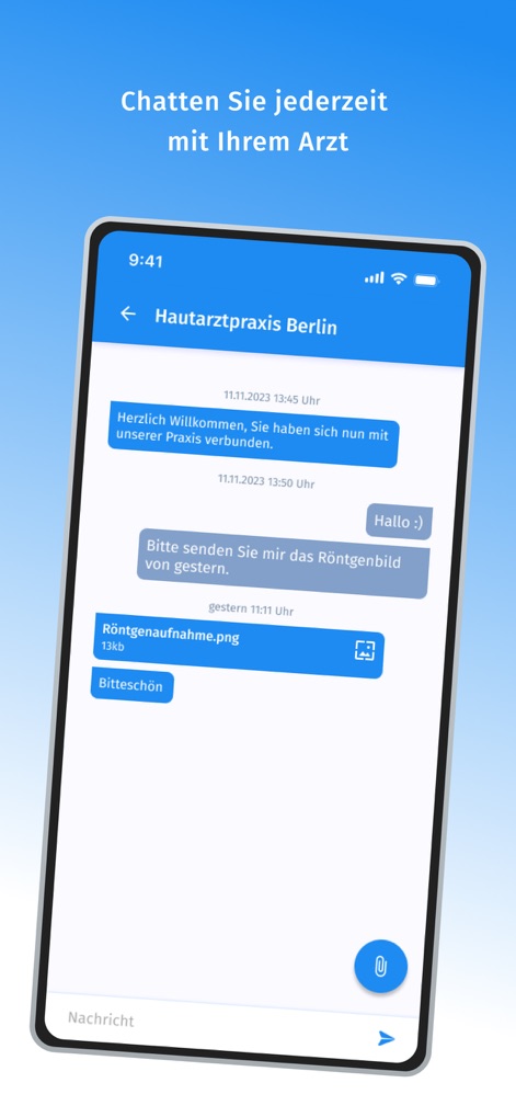 arzt-direkt - Der integrierte Messenger ermöglicht den sicheren „Dokumentenaustausch“, wie eine Röntgenaufnahme, und zeigt den übersichtlichen „Konversationsverlauf“ mit der Arztpraxis.