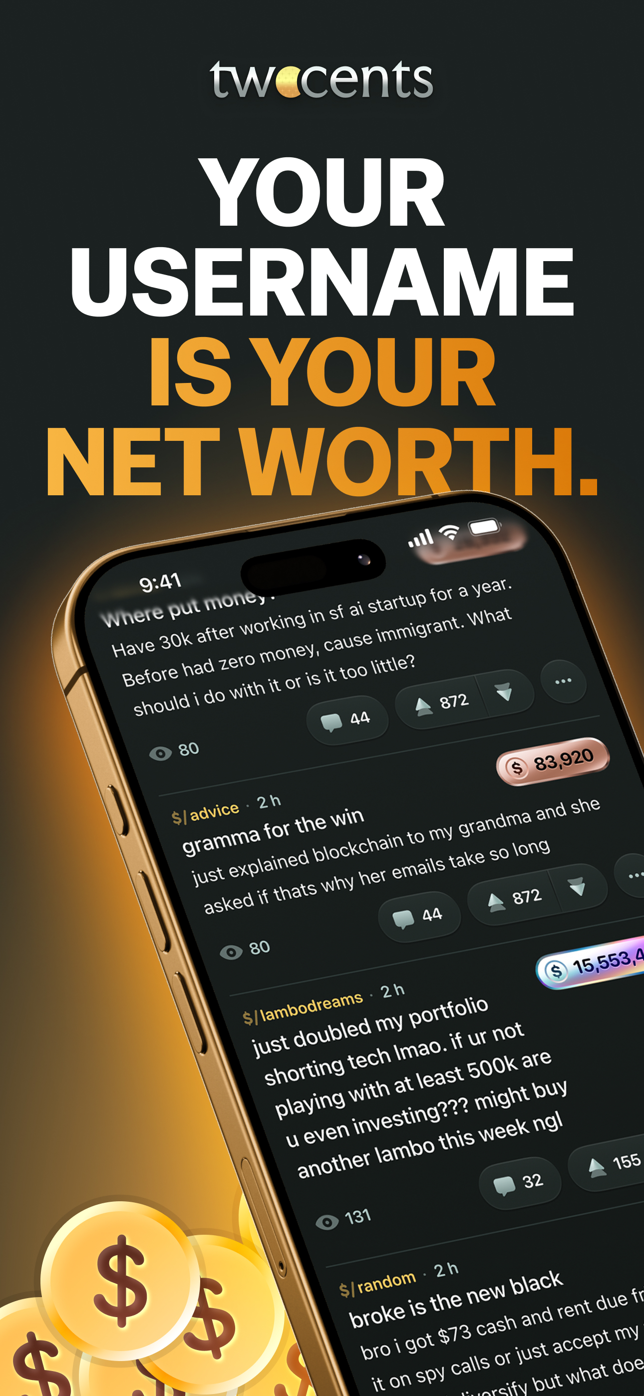 twocents: see users' net worth