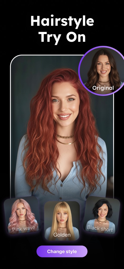 AI Photo Generator - Collart - Users can virtually try on diverse hairstyles such as "Pink wave" or "Black short" and compare them against their "Original" look.