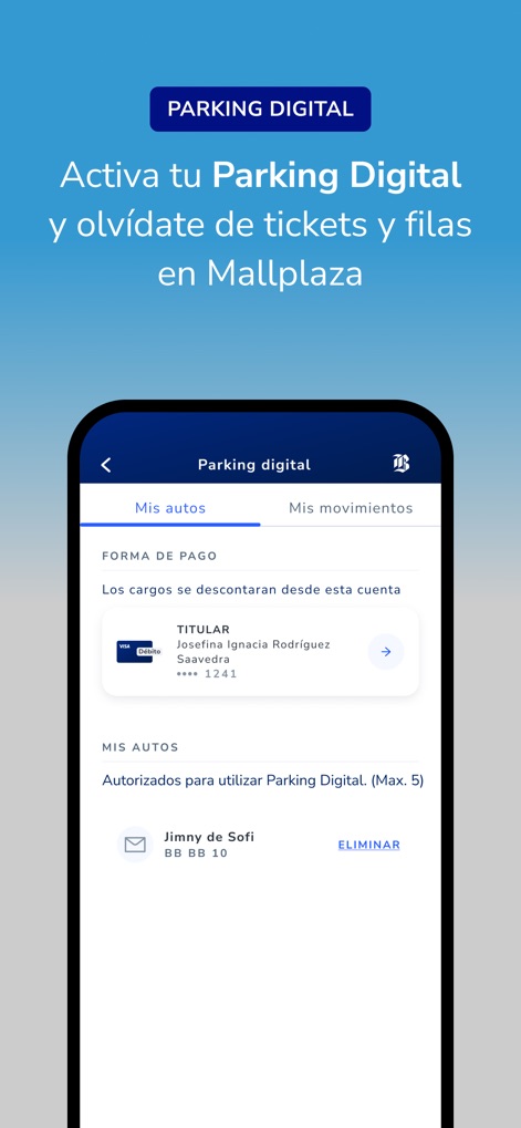Mi Banco Chile - ユーザーはデジタルパーキングサービスを有効化でき、登録された車両のリストと、車両に関連付けられた支払い方法の選択肢がこの画面に表示されています。