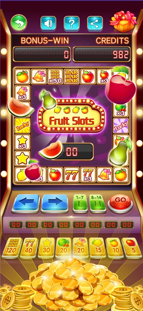 Fruit Slots - Classic Casino - Users can explore the detailed arrangement of fruit and classic slot symbols on the reels, complemented by a clear and informative prize table at the screen's base.