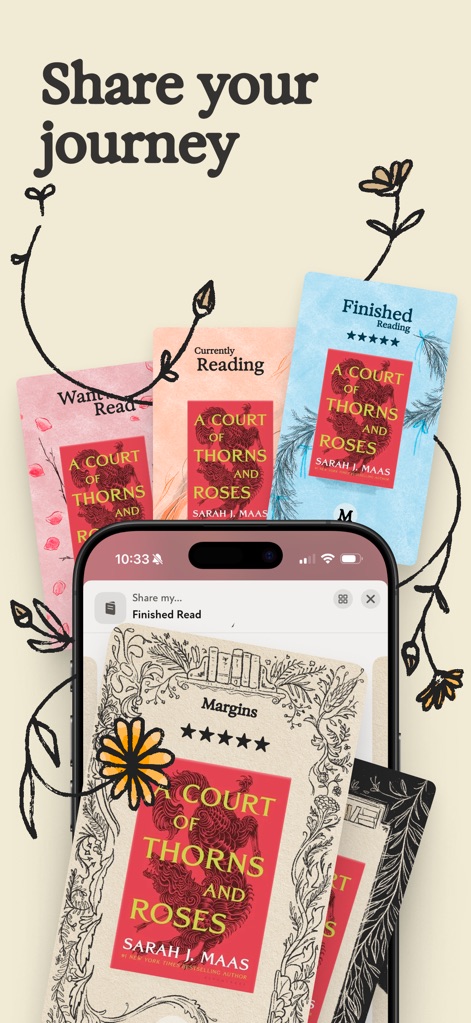 Margins: Book Tracker - La aplicación facilita compartir el progreso de lectura, generando atractivas tarjetas con los estados "Finished Reading" y "Currently Reading", y elementos gráficos decorativos.