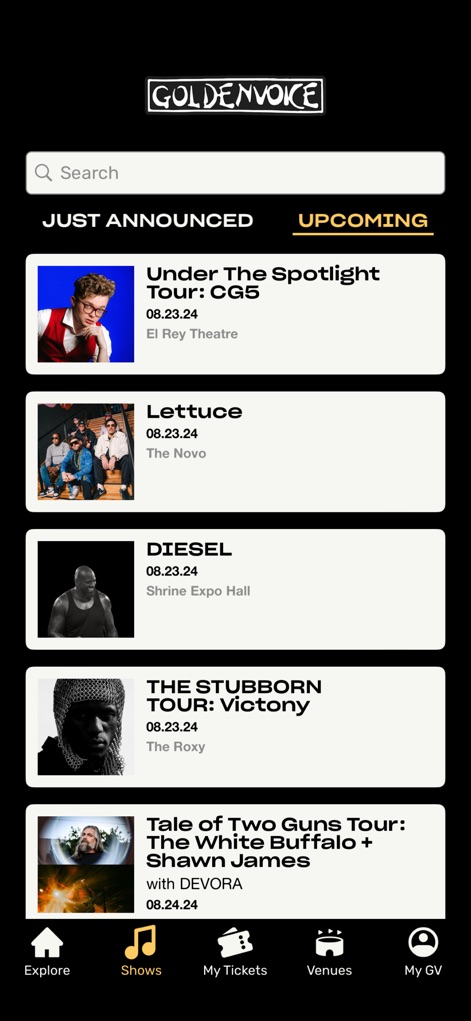 Goldenvoice Concerts - The app provides a comprehensive list of upcoming concerts and 'Just Announced' events, ensuring users stay informed about the hottest performances.
