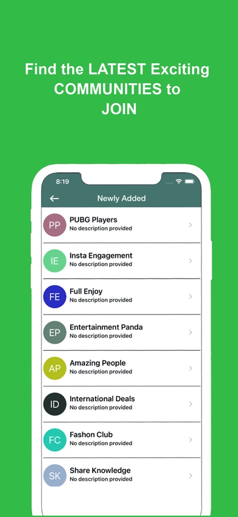 Active groups for WhatsApp - この画面では「Newly Added」フィルターを通じて、最新のコミュニティグループが一覧形式で提示されており、参加を促す魅力的なグループ名が確認できます。