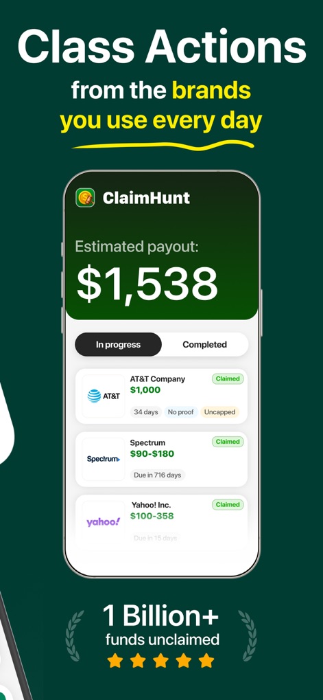 ClaimHunt – Claim Settlement - Users can easily monitor their financial recovery with an 'Estimated payout: $1,538' summary and track individual claims listed under 'In progress' and 'Completed' tabs.