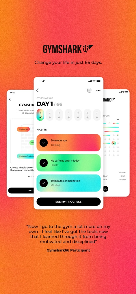Gymshark Training and Fitness - The app's "Gymshark66" program visually guides users through daily habit selection and provides clear tracking mechanisms for personal goals and progress.