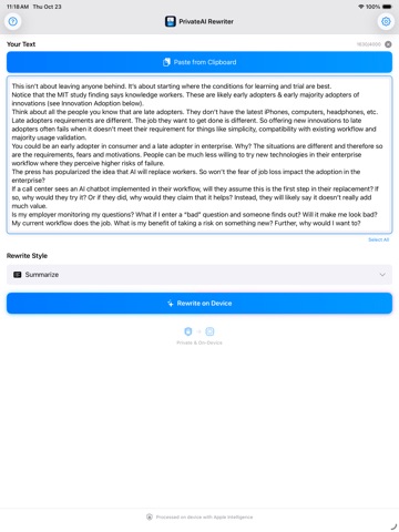 Private AI Rewriter iPad screenshot