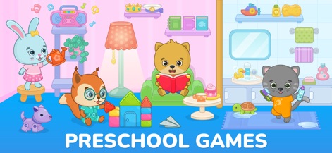 2+ Year Old Games for Toddlers - La aplicación ofrece diversos entornos interactivos, como esta sala de estar con un conejo regando plantas y un oso leyendo un libro, fomentando la exploración de los más pequeños.