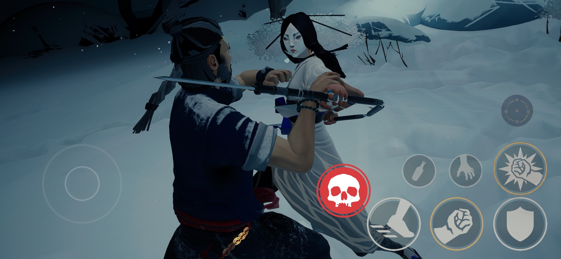 Sifu on mobile: the protagonist, now older with a greying beard, clashes with a pale-faced boss wielding a bladed staff in a snowy clearing