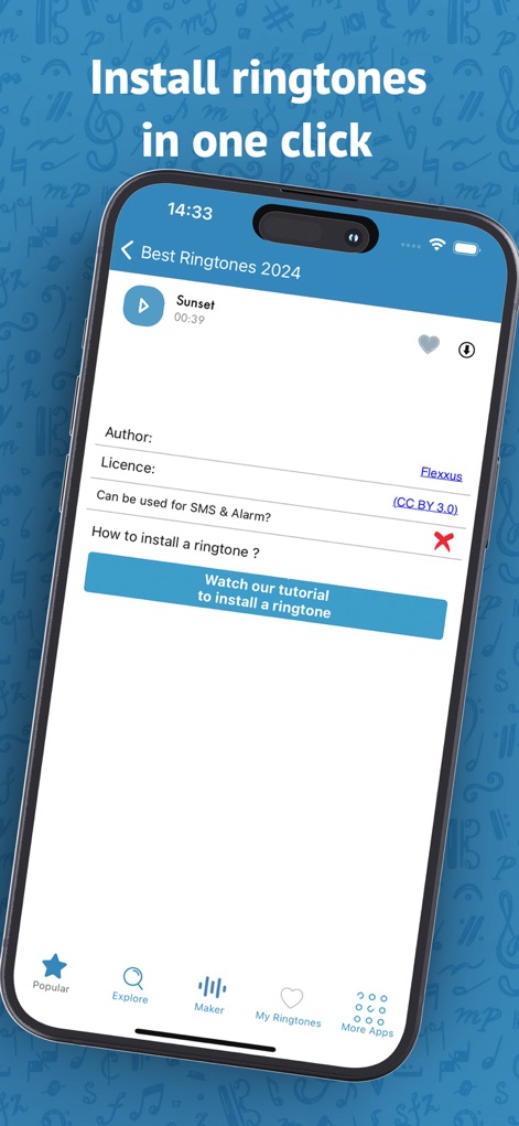 Best Ringtones 2026 for iPhone - Dieser Bildschirm bietet eine klare Installationsanleitung durch ein verlinktes Tutorial und zeigt zudem wichtige Lizenzinformationen des Klingeltons an, bevor Nutzer ihn aktivieren.