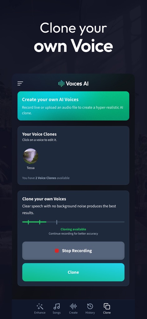Voices AI: Change Your Voice - Cette page met en avant la fonction innovante de clonage vocal, offrant aux utilisateurs la possibilité de créer leur propre voix IA via un enregistrement ou un upload, avec des boutons clairs pour 'Stop Recording' et 'Clone'.