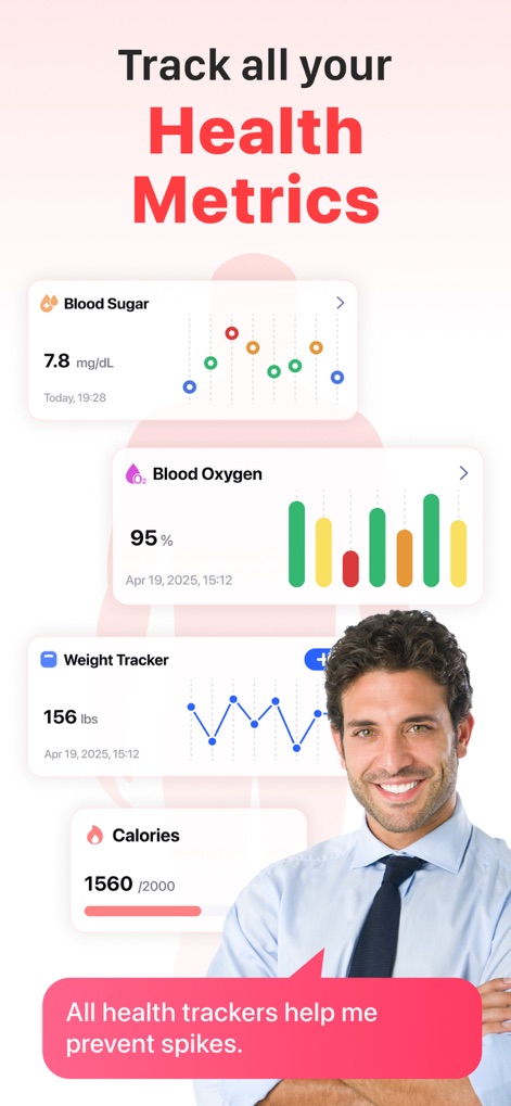 iPulse - Check Heart Rate & BP - Users can monitor vital health metrics through dedicated tracking cards, displaying both current values and historical trend lines for blood oxygen and weight.