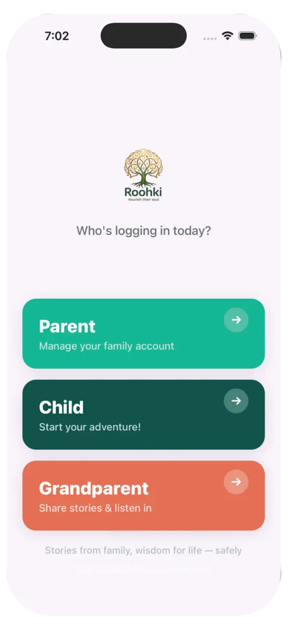 Roohki app screenshot showing the family experience