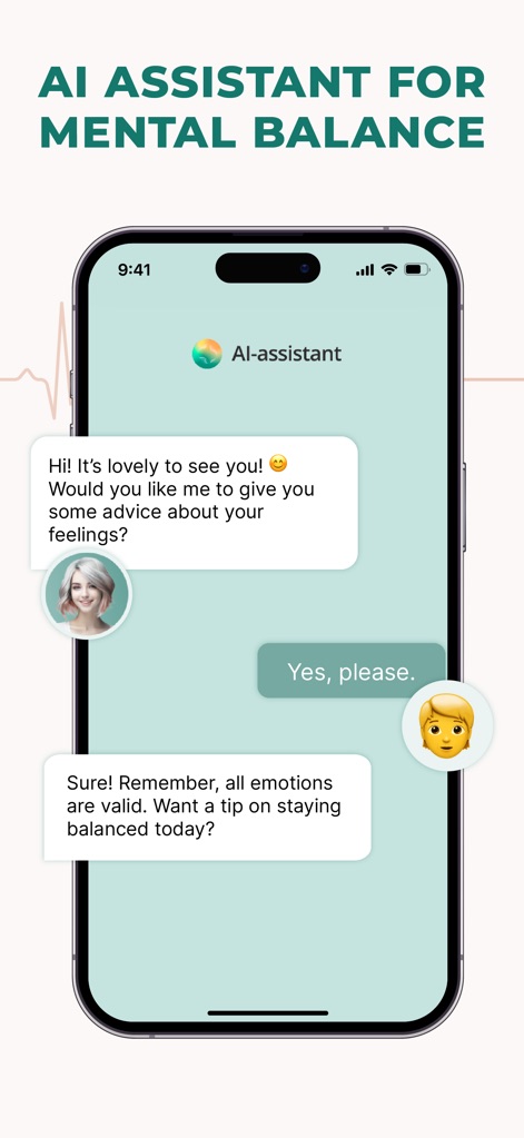 Pulsebit: Heart Rate Monitor - Un asistente de IA ofrece consejos personalizados en una interfaz de chat amigable, mostrando un mensaje inicial y la opción del usuario para solicitar ayuda.