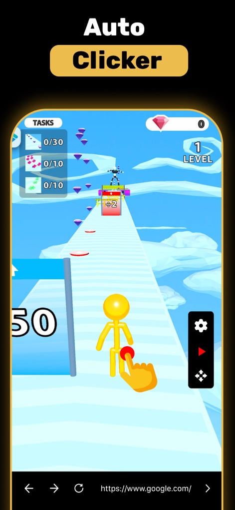 Auto Clicker・Automatic Tapper - Explore how the app integrates with games, showcasing the tap-assisted character navigation and the clear task progression UI.