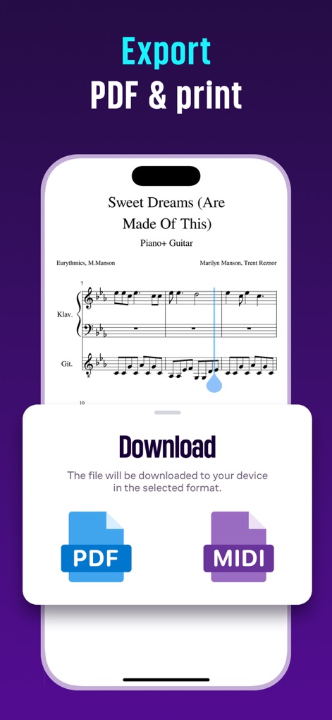 MuseScore－Sheet Music & Chords - The app provides convenient functionality to download and share compositions by offering direct PDF and MIDI export capabilities.