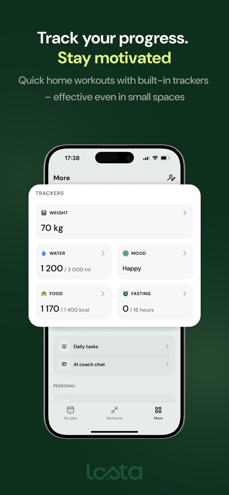 Lasta Fit: Your Wellness Coach - Users can easily monitor their wellness journey through dedicated trackers for 'Weight' and 'Water', alongside personalized insights into 'Mood' and 'Food' intake.
