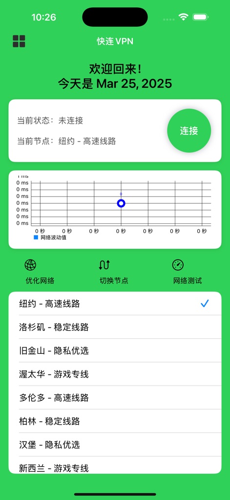 加速器Green VPN-全球网络加速器 - Explore the app's intuitive main interface, showcasing the prominent 'Connect' button and the real-time network latency graph that visualizes performance before activation.