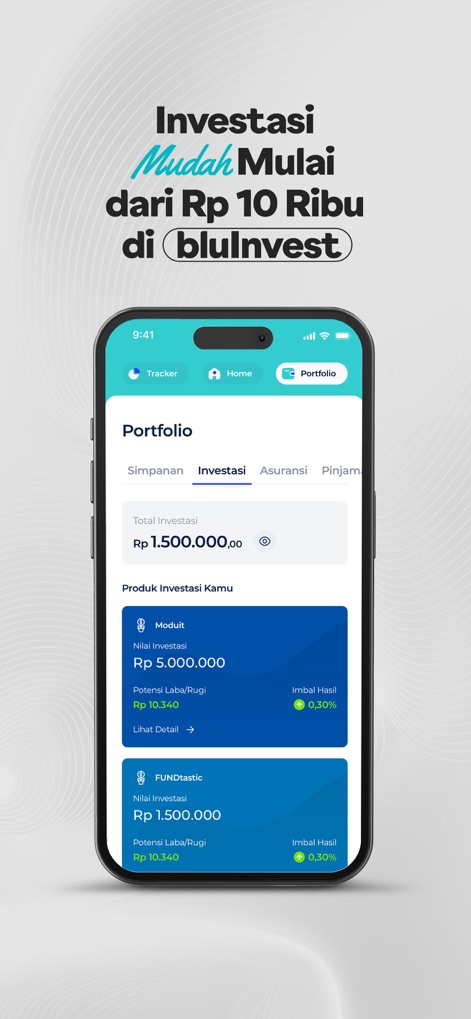 blu by BCA Digital - La sección 'bluInvest' detalla el portafolio de inversiones, mostrando el 'Total Investasi' y rendimientos específicos de productos como Moduit y FUNDtastic.