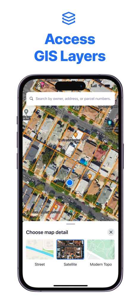 LandMap Property Line Finder - The app enhances property visualization by offering various map detail options such as satellite view and modern topo maps, clearly displaying parcel boundaries.