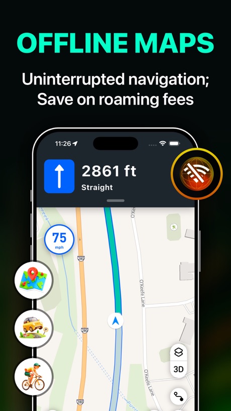 Speedometer: MPH Tracker App Store screenshot 4, headline “OFFLINE MAPS”. Subline adds a second benefit.