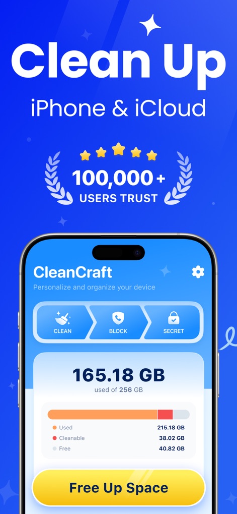 CleanCraft: Clean Up Storage - This initial view reveals the app's intuitive dashboard, prominently displaying overall storage usage and offering quick access to core functions like Clean, Block, and Secret.