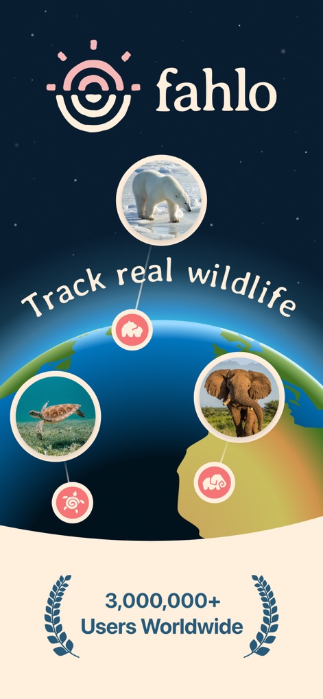 Fahlo Animal Tracker - L'app presenta la sua missione di tracciare la fauna selvatica a livello globale, evidenziata dalle icone di animali (orso polare, tartaruga, elefante) posizionate su un globo e dal dato impressionante di "3,000,000+ Utenti in tutto il mondo".