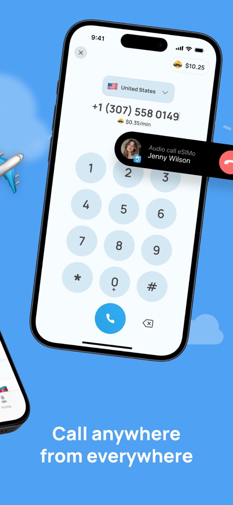 eSIMo: Travel eSIM & Calls - L'application permet des appels audio fluides grâce à un clavier de numérotation intégré et affiche clairement les notifications d'appels entrants.
